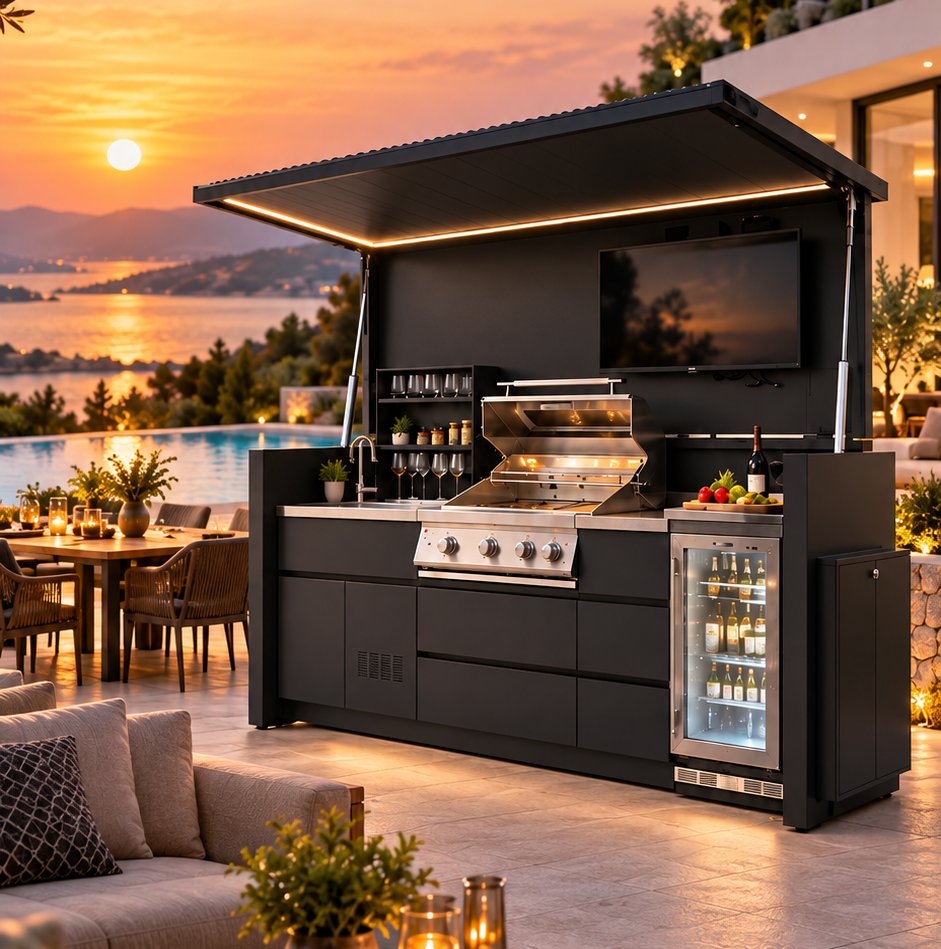 CUSTOM open configuration with canopy, grill and refrigerator
